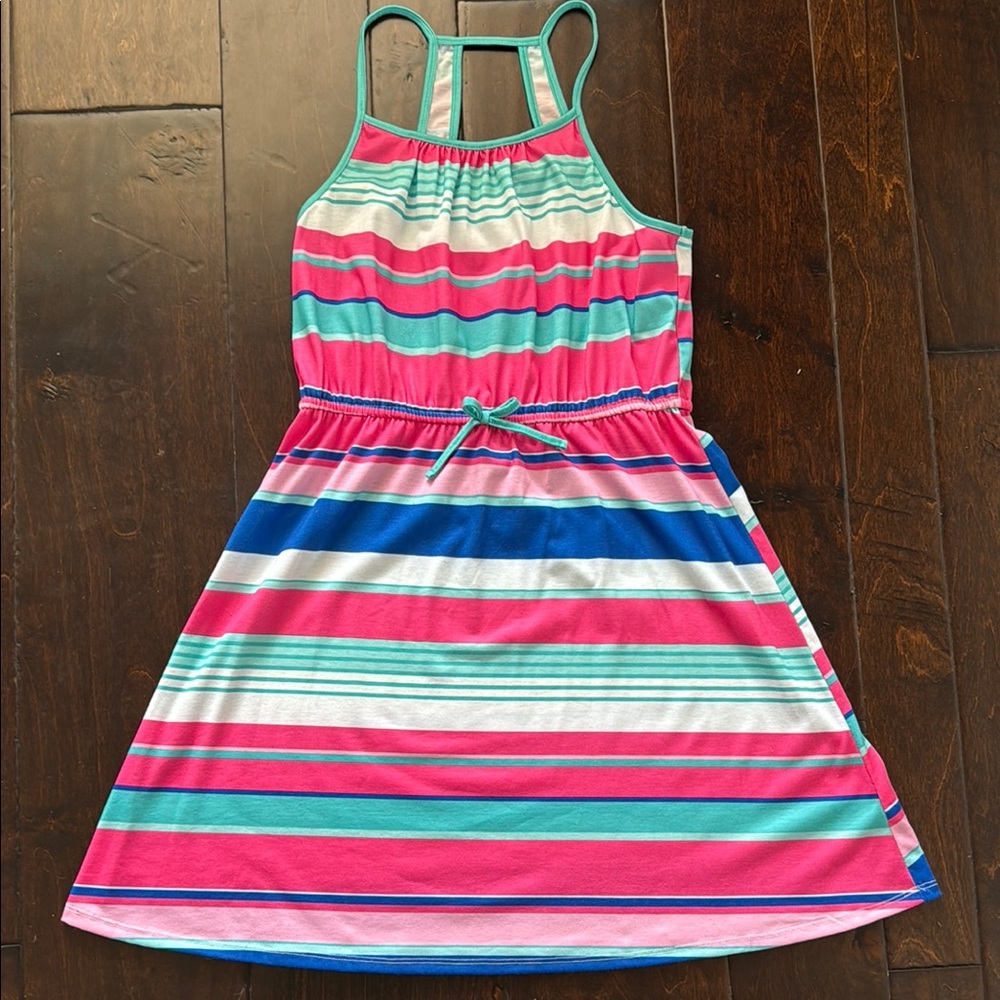 Pink and White Sleeveless Halter Sundress for Resort Wear